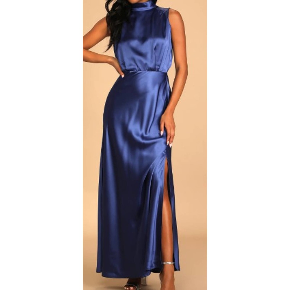 LULU'S sz M Classic Elegance Blue Satin Sleeveless Mock Neck Maxi Dress NEW B113